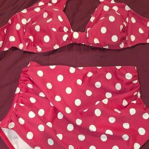 Red Polka Dot Bikini High Waisted Retro Pin Up Swimsuit Two Piece Unique Vintage